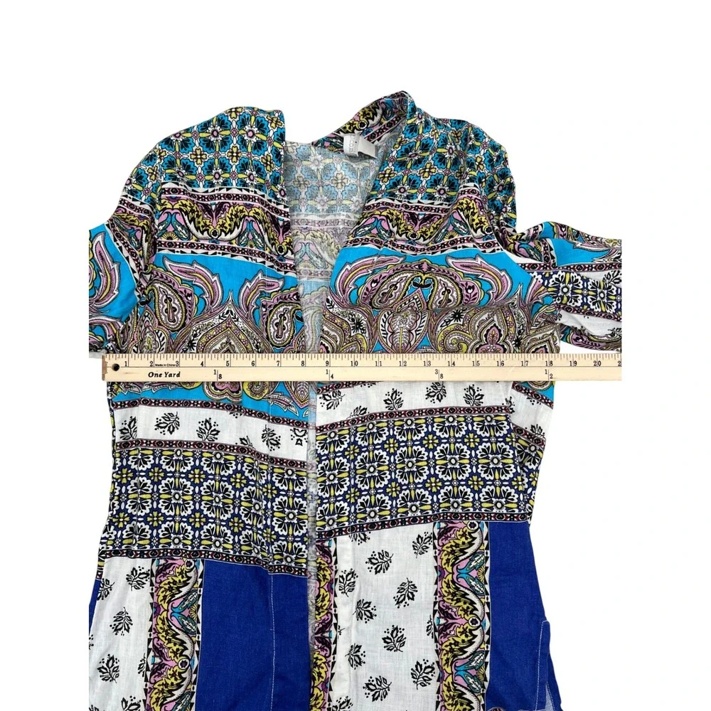 Chicos 100% Linen Paisley Patchwork Open Front Cardigan‎ Blue Size 1 US 8/10